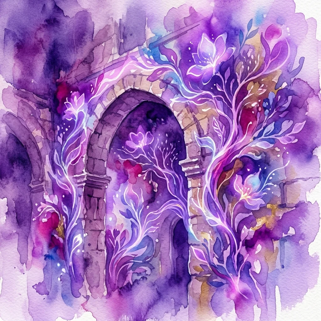 Animación digital abstracta de flores y enredaderas púrpuras y blancas brillantes proyectada sobre un arco de piedra, evocando una sensación de naturaleza digital y percepción alterada.