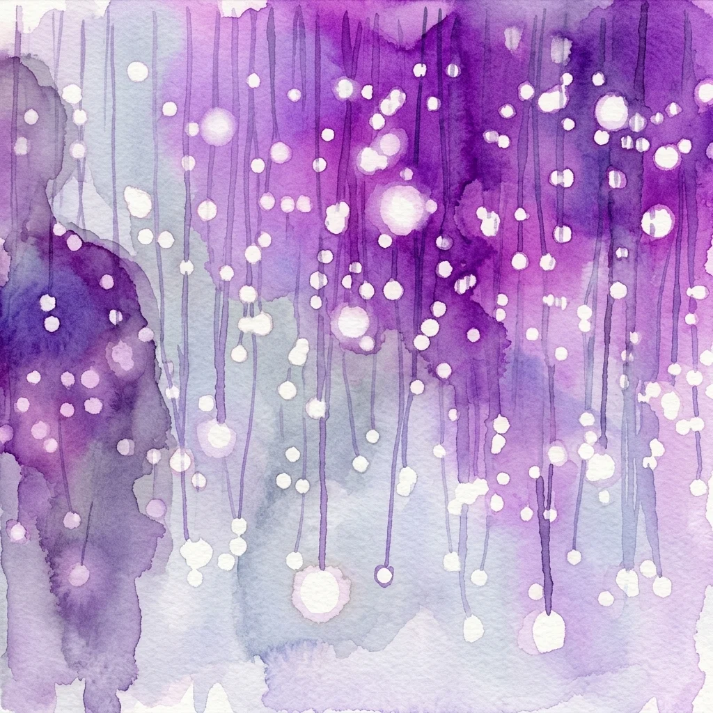 Obra de arte abstracta en acuarela con tonos púrpuras y azules, que presenta puntos blancos y vetas verticales que se asemejan a partículas de luz cayendo, evocando temas de percepción y memoria.