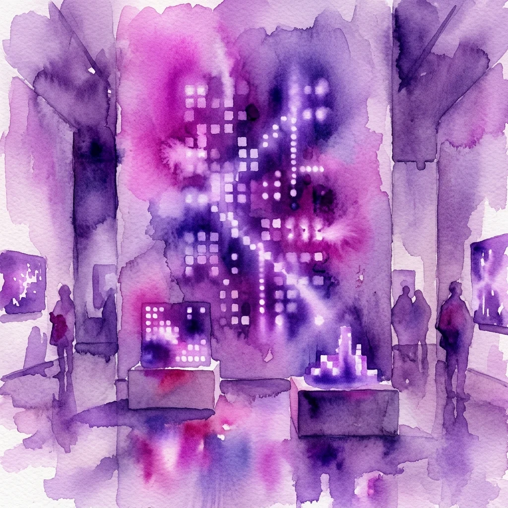 Abstrakcyjna akwarelowa ilustracja wystawy „Ritmos de Luz” Jima Campbella, przedstawiająca niskopoziomowe instalacje świetlne LED w galerii o fioletowo-różowych barwach.