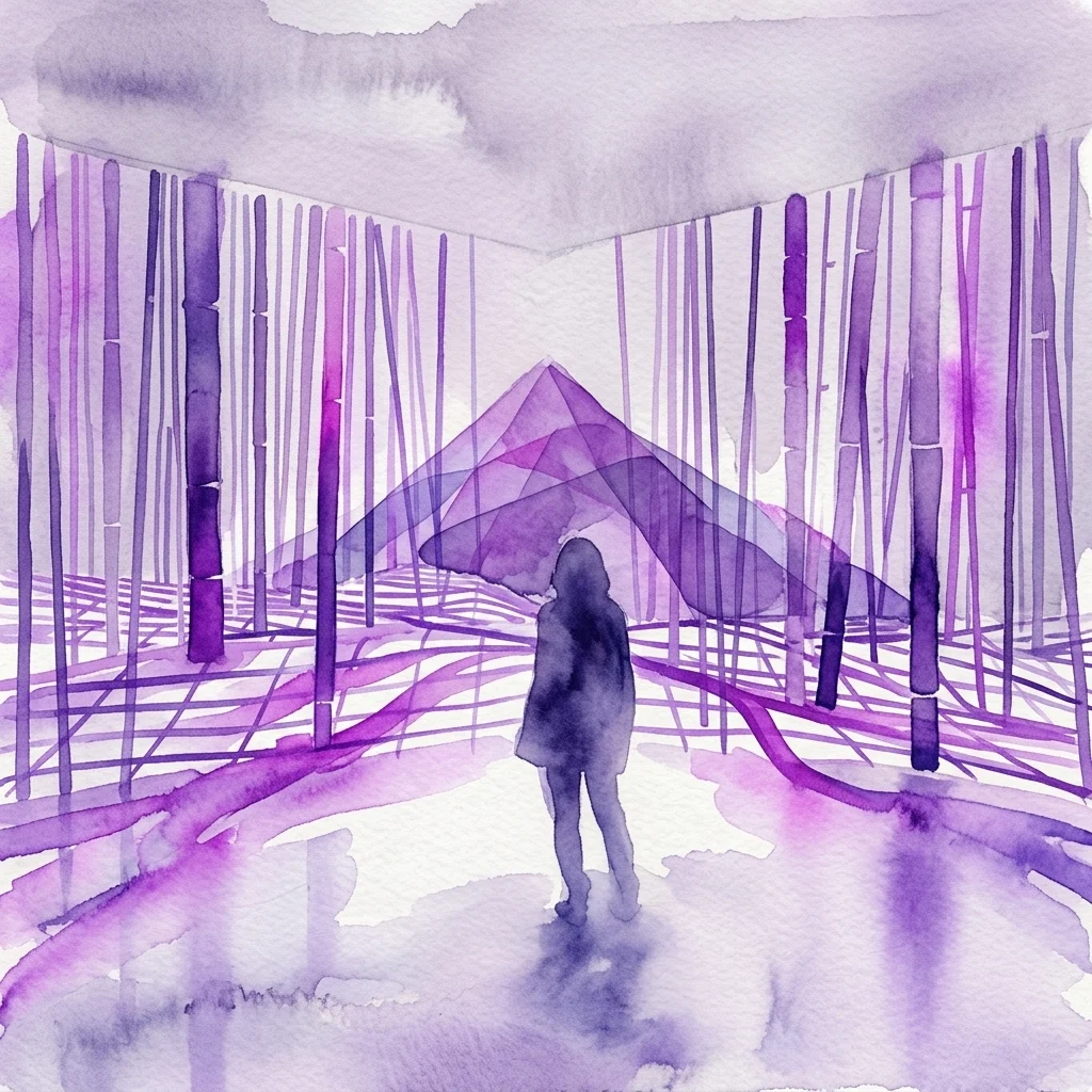 Una ilustración en acuarela de una persona de pie en un espacio abstracto de tonalidad púrpura con proyecciones de luz geométricas, que representa la exposición 'Paisajes de luz' de Joanie Lemercier.