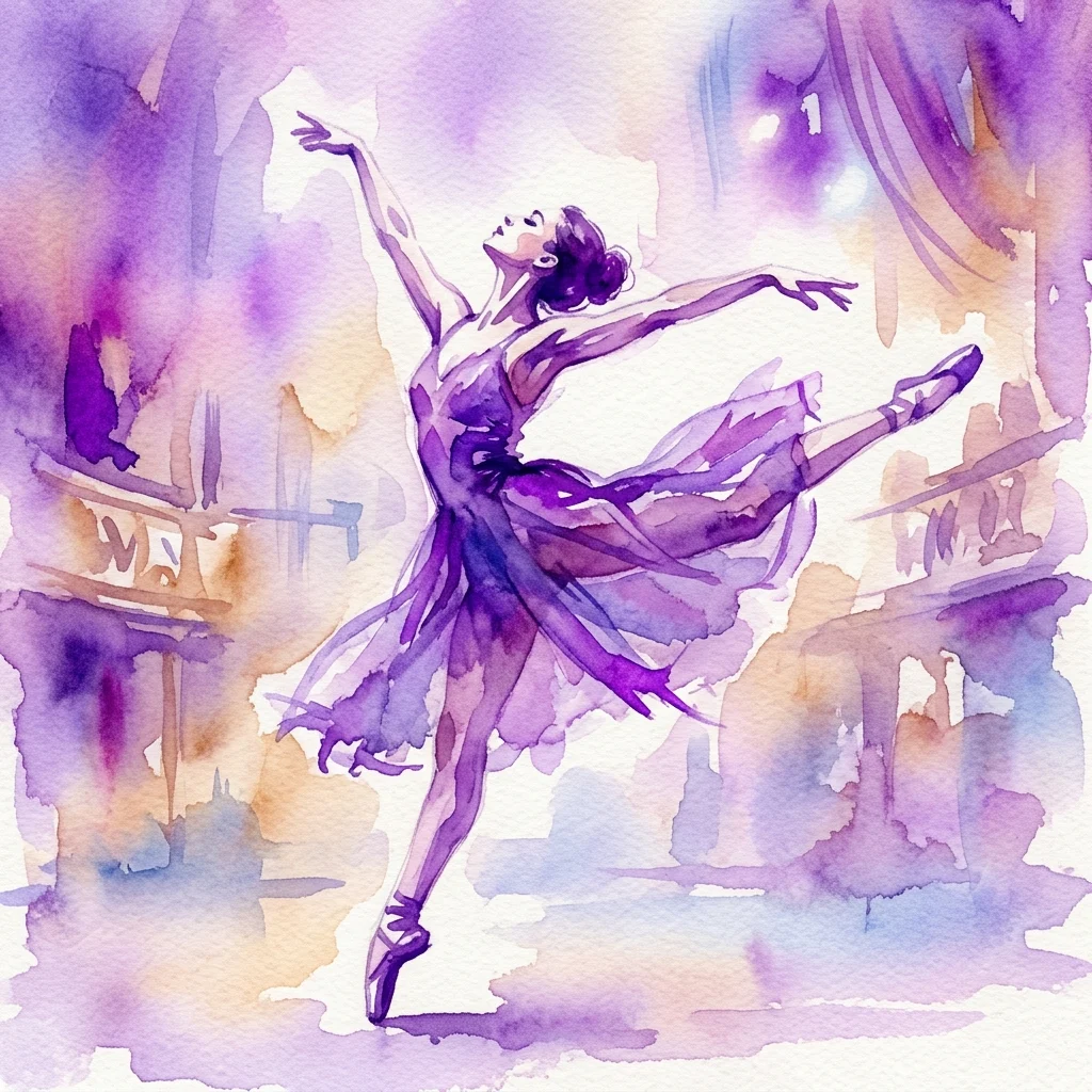 Een aquarelillustratie van een vrouwelijke danseres in een zwierige paarse jurk, gevangen in beweging in een balletpose, die de geest van moderne danspioniers zoals Isadora Duncan en Joséphine Baker oproept.