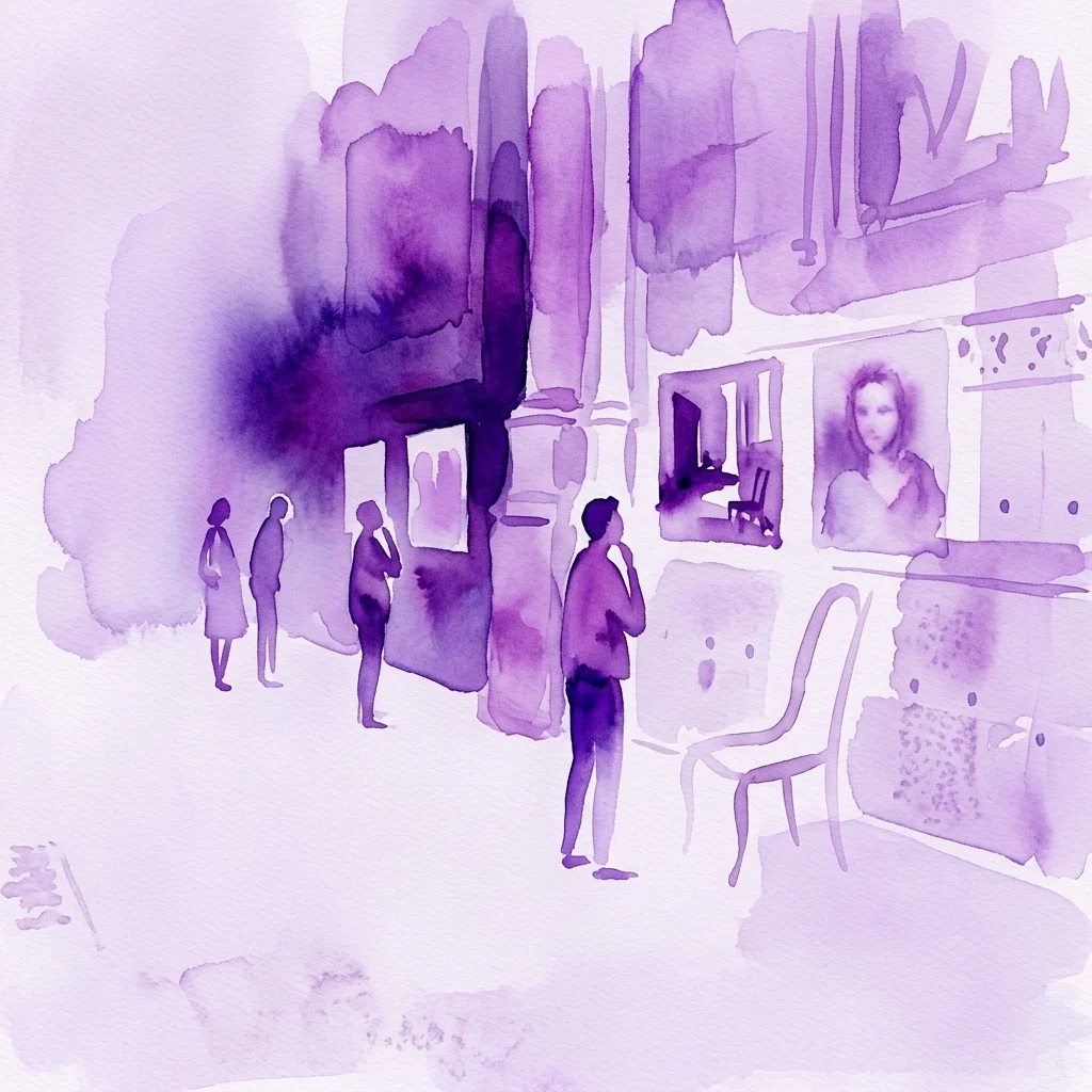 A watercolor illustration of visitors viewing contemporary photographic artworks in a gallery, featuring portraits and interior scenes with a contemplative purple palette.