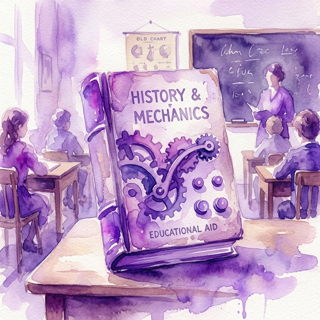 Ilustracja akwarelowa zabytkowej mechanicznej książki zatytułowanej 'Historia i Mechanika' z zębatkami i przyciskami, prezentowana w sali lekcyjnej w stylu lat 20. XX wieku z uczniami i nauczycielem przy tablicy.