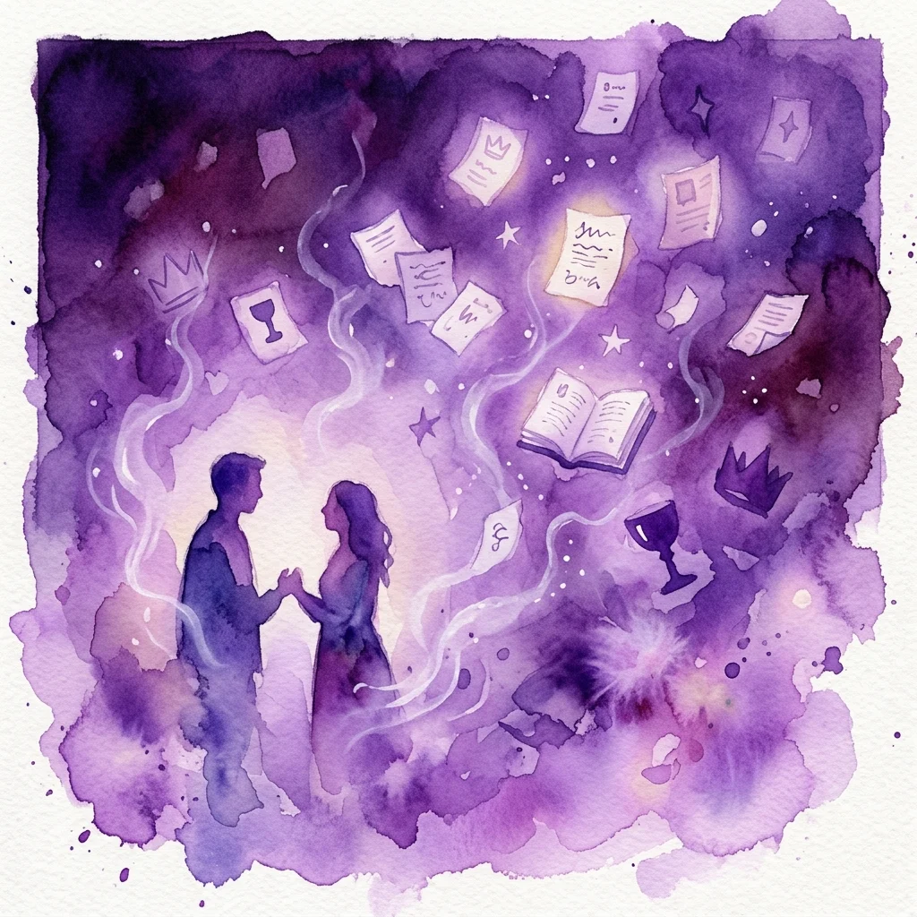 Ilustracja akwarelowa dwóch sylwetek postaci w mistycznej fioletowej przestrzeni, otoczonych unoszącymi się kartkami, koronami, kielichami i otwartą księgą, przywołująca na myśl motywy poezji i magii.