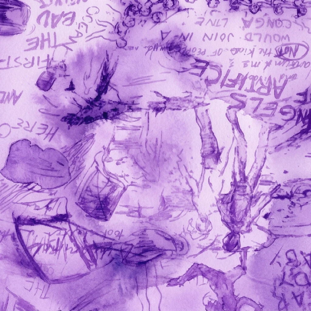 Abstrakcyjne dzieło sztuki w odcieniach fioletu, zawierające ręcznie pisanym tekst, szkice i rysunki, będące częścią instalacji VR Laurie Anderson pt. 'Chalkroom' w Espacio Fundación Telefónica.