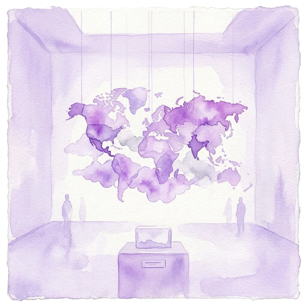 Een kunstwerk in aquarel-stijl dat een minimalistische galerie weergeeft met een grote, paarse wolkachtige installatie in de vorm van een wereldkaart die uit het plafond hangt, met silhouetten van bezoekers die het stuk observeren.