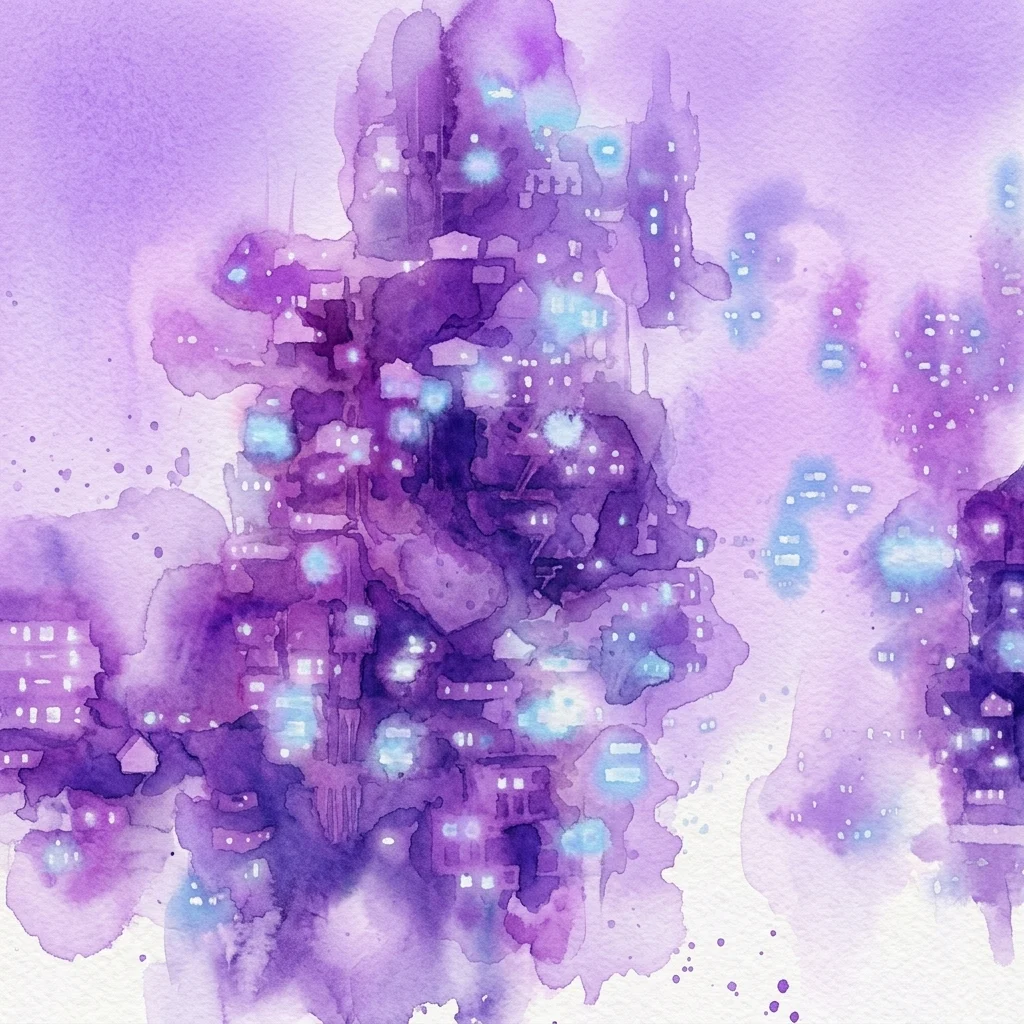 Surrealistyczna, fioletowa akwarela przedstawiająca futurystyczną panoramę miasta ze świecącymi niebieskimi światłami, reprezentująca spekulatywną architekturę i motywy budowania cyfrowych światów Liama Younga.