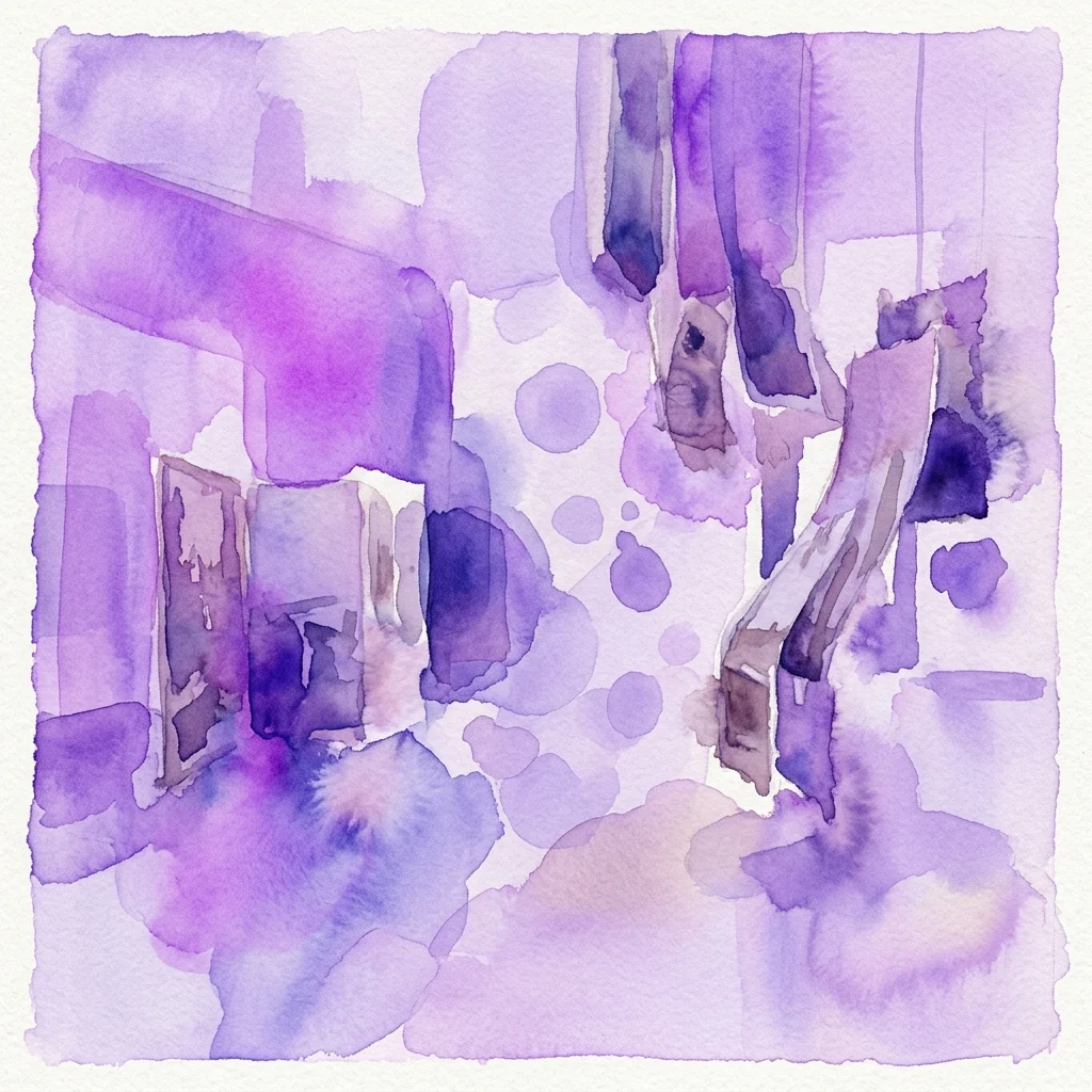 Abstract aquarelwerk in tinten paars en lavendel, met zachte vervagingen, getextureerde penseelstreken en cirkelvormige vormen op wit papier.