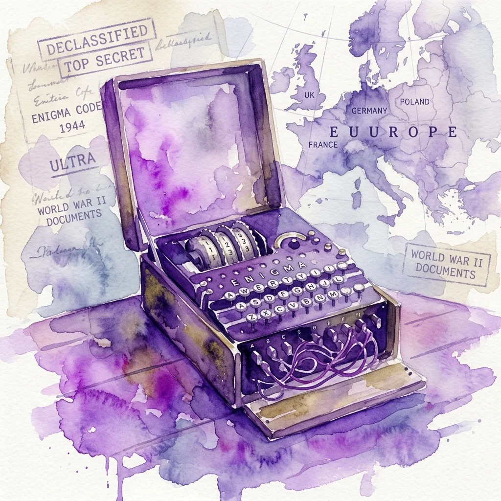 Watercolor illustration of an Enigma machine with rotors and keyboard, surrounded by declassified World War II documents and a map of Europe, highlighting its role in coded communication.