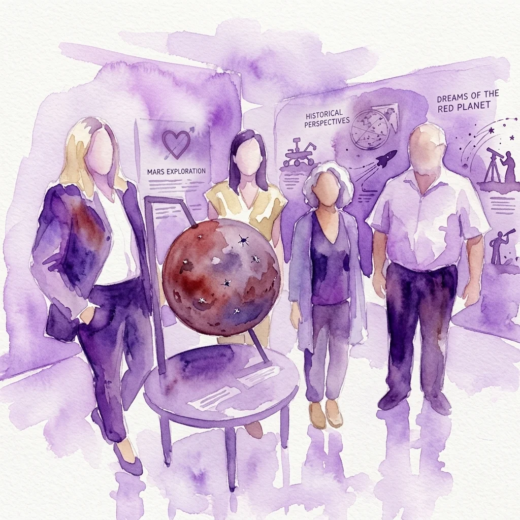 Ilustración en acuarela de visitantes explorando una exposición sobre Marte, con un modelo central del planeta y secciones tituladas 'Exploración de Marte', 'Perspectivas Históricas' y 'Sueños del Planeta Rojo'.