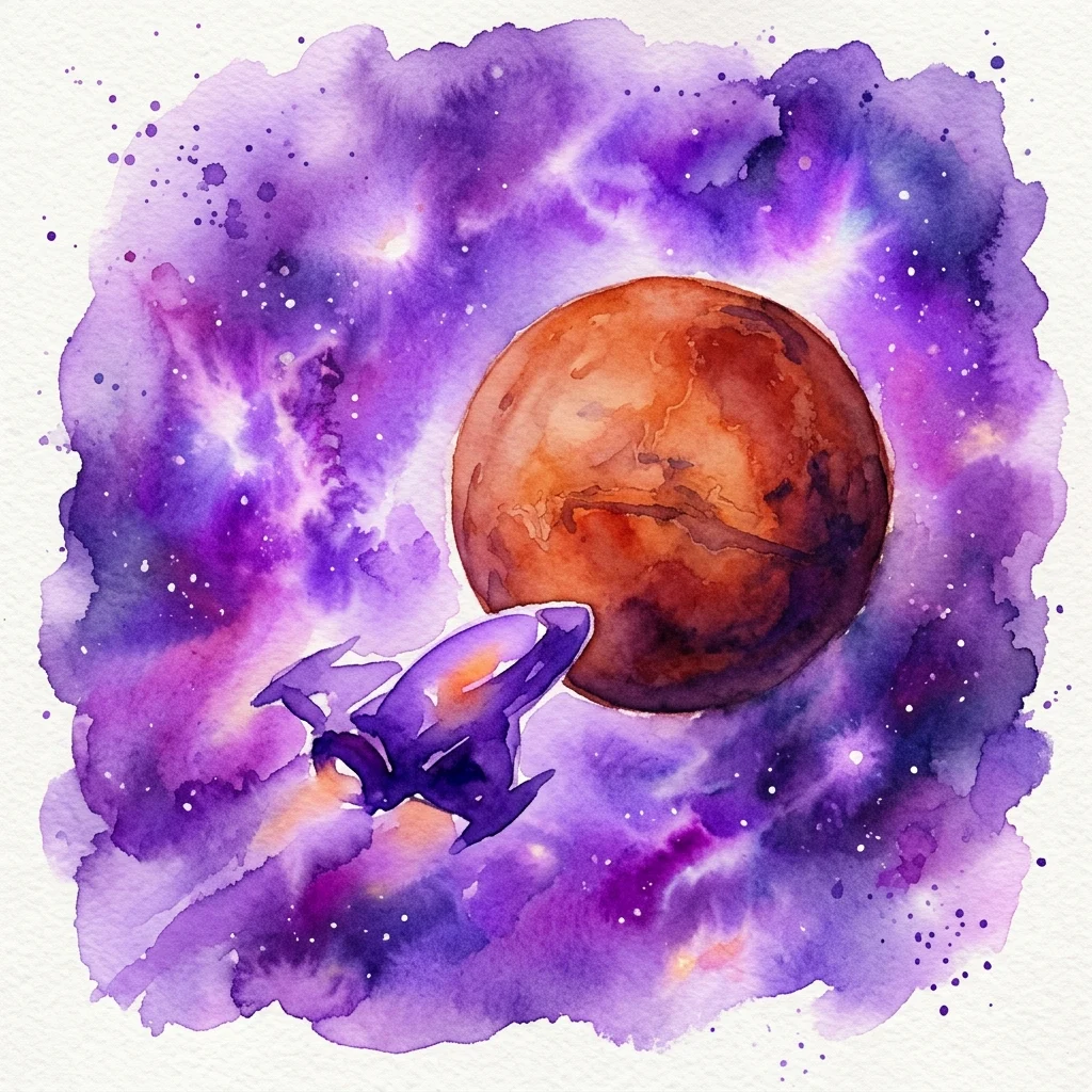 Ilustracja akwarelowa przedstawiająca futurystyczny statek kosmiczny zbliżający się do planety Mars, na tle żywej fioletowo-niebieskiej mgławicy z gwiazdami.