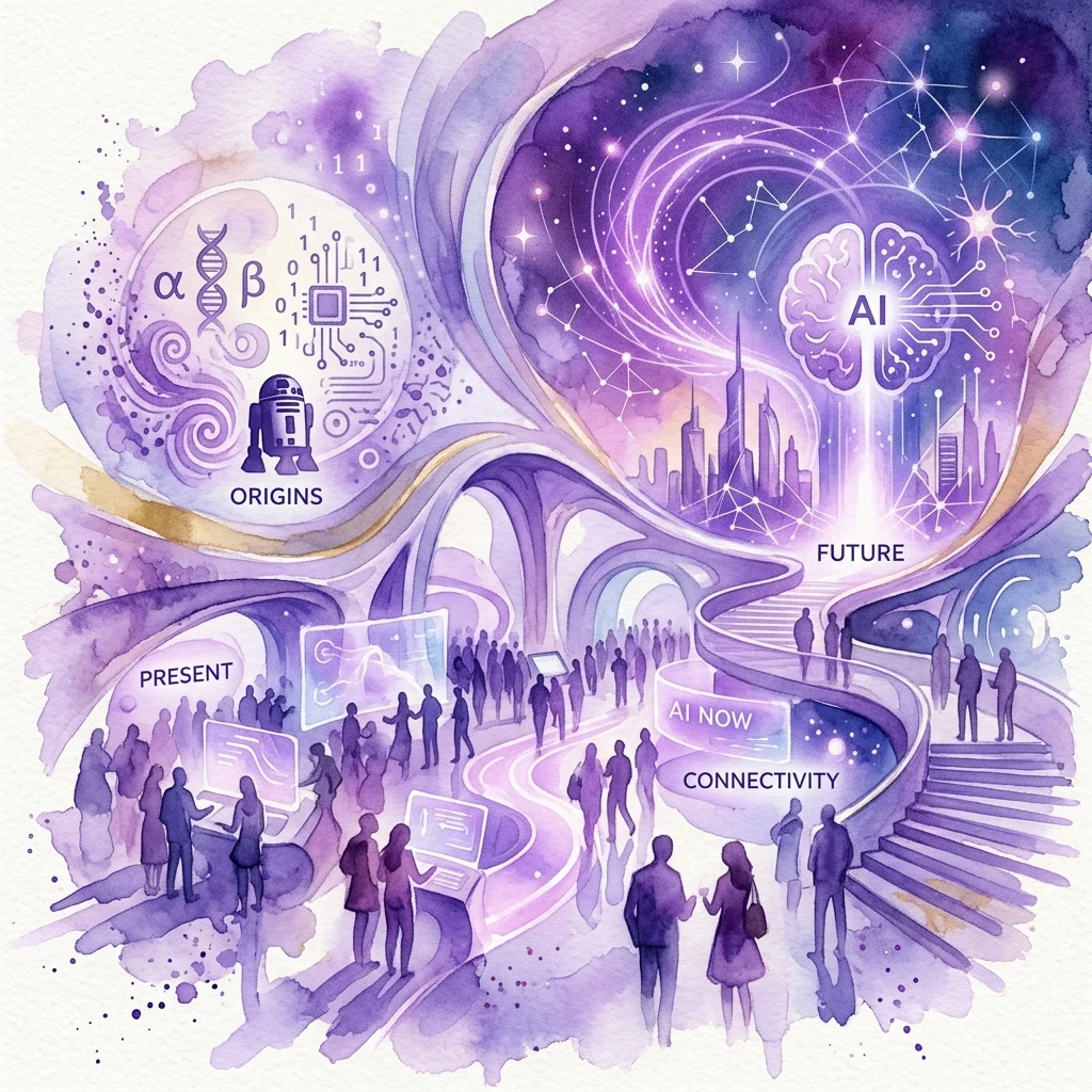 Una ilustración futurista en acuarela de la exposición 'Más allá de 2001. Odiseas de la Inteligencia', que representa tres secciones: Orígenes (ADN, robot, circuito), Presente (personas interactuando con pantallas) y Futuro (cerebro de IA, paisaje urbano, conectividad).