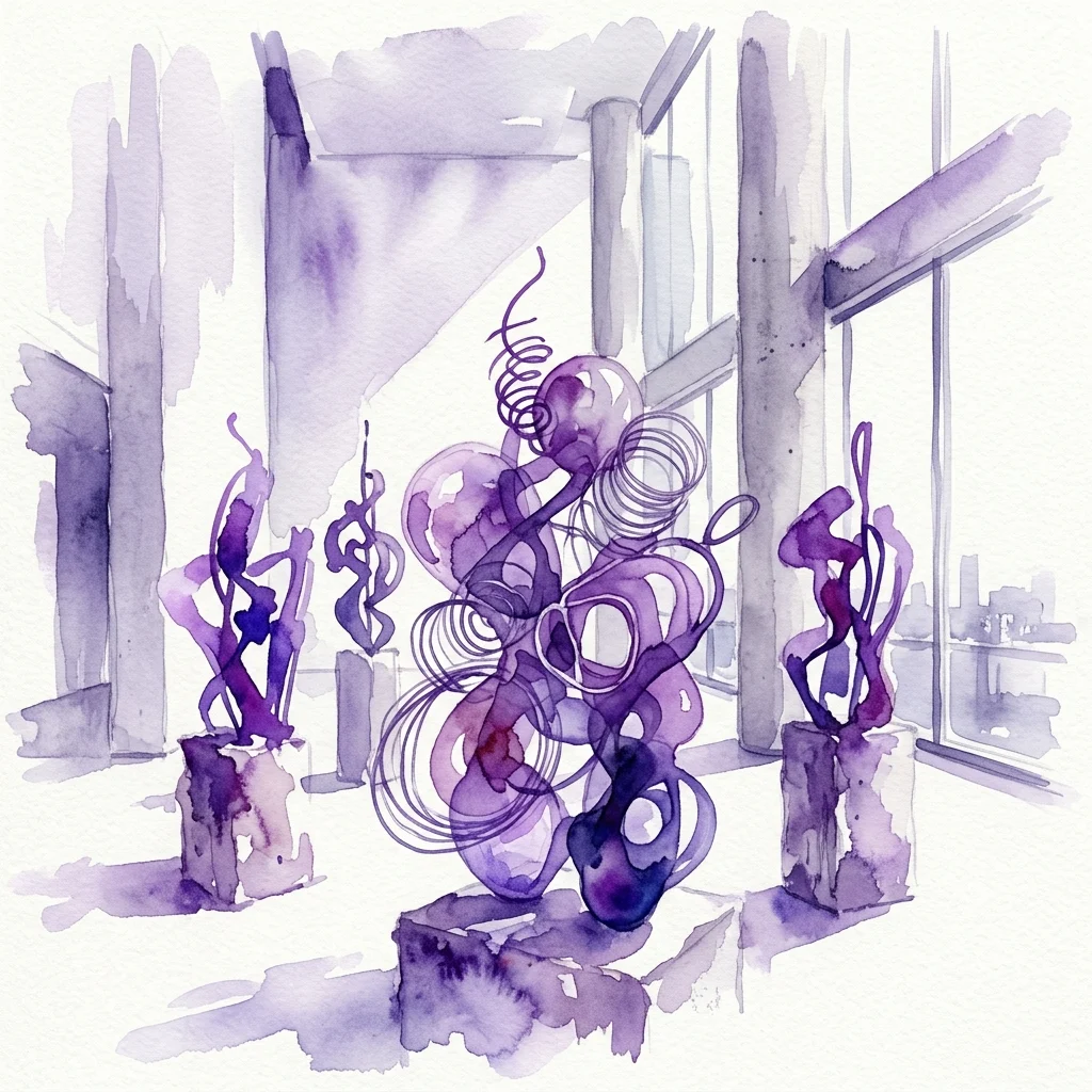 Esculturas abstractas en estilo de acuarela púrpura, con formas entrelazadas y espirales, expuestas en un espacio de galería moderno con grandes ventanales y pilares de hormigón.