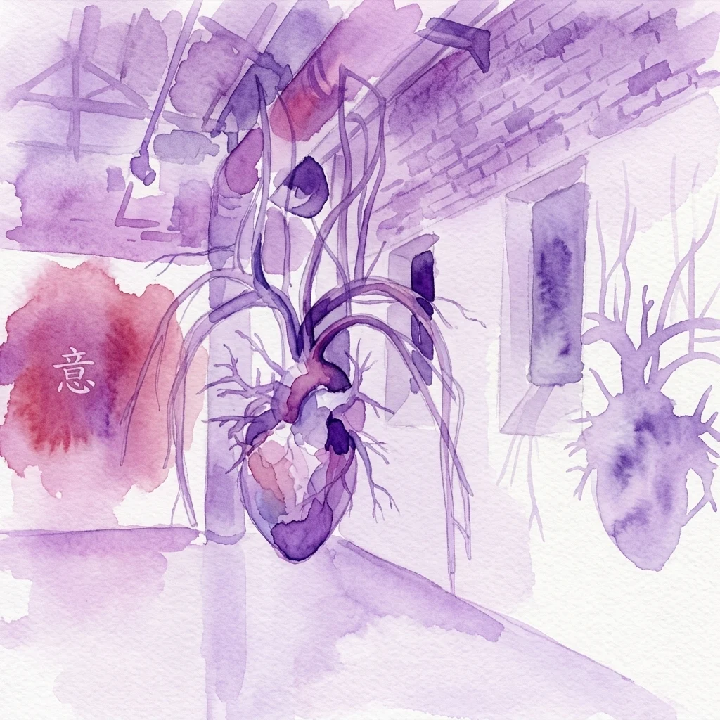 Aquarel van een menselijk hart met vertakkende aderen, weergegeven in paarse en rode tinten, met het Chinese karakter voor 'betekenis' (意) in een rode waas, tentoongesteld in een galerie.