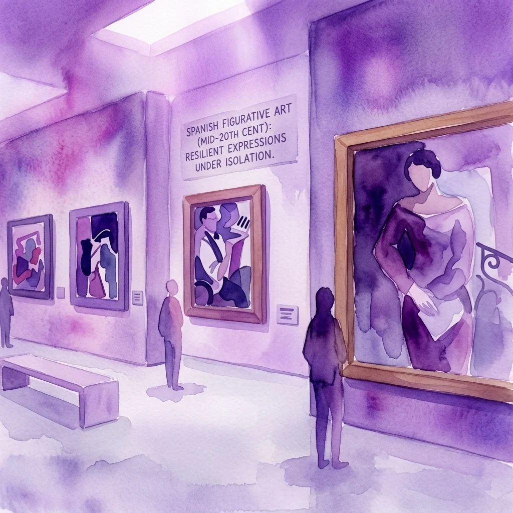 Ilustracja akwarelowa galerii muzealnej z odwiedzającymi oglądającymi hiszpańską sztukę figuratywną z połowy XX wieku, z tekstem na ścianie brzmiącym: „Hiszpańska sztuka figuratywna (połowa XX wieku): Wyraziste ekspresje w izolacji”.