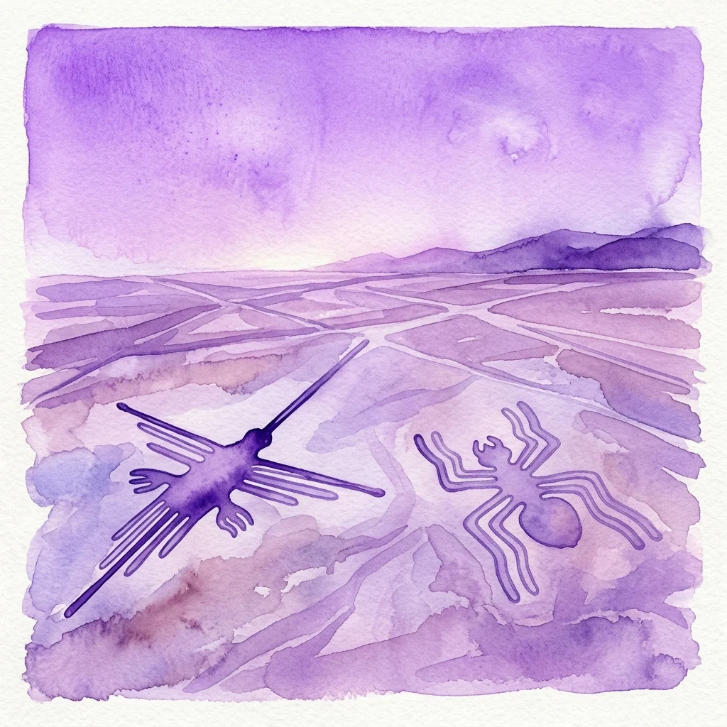 Ilustracja akwarelowa geoglifów z Nazca, w tym kolibra i pająka, przedstawiona w fioletowych odcieniach na suchym pustynnym krajobrazie pod czystym niebem.