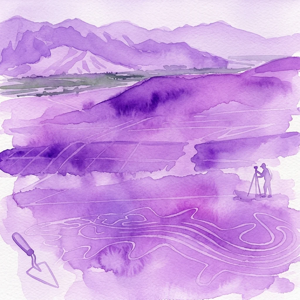 A purple watercolor illustration of the Nasca desert landscape with faint geoglyph outlines, a surveyor with a tripod, and a trowel, symbolizing archaeological exploration of ancient Peruvian art.