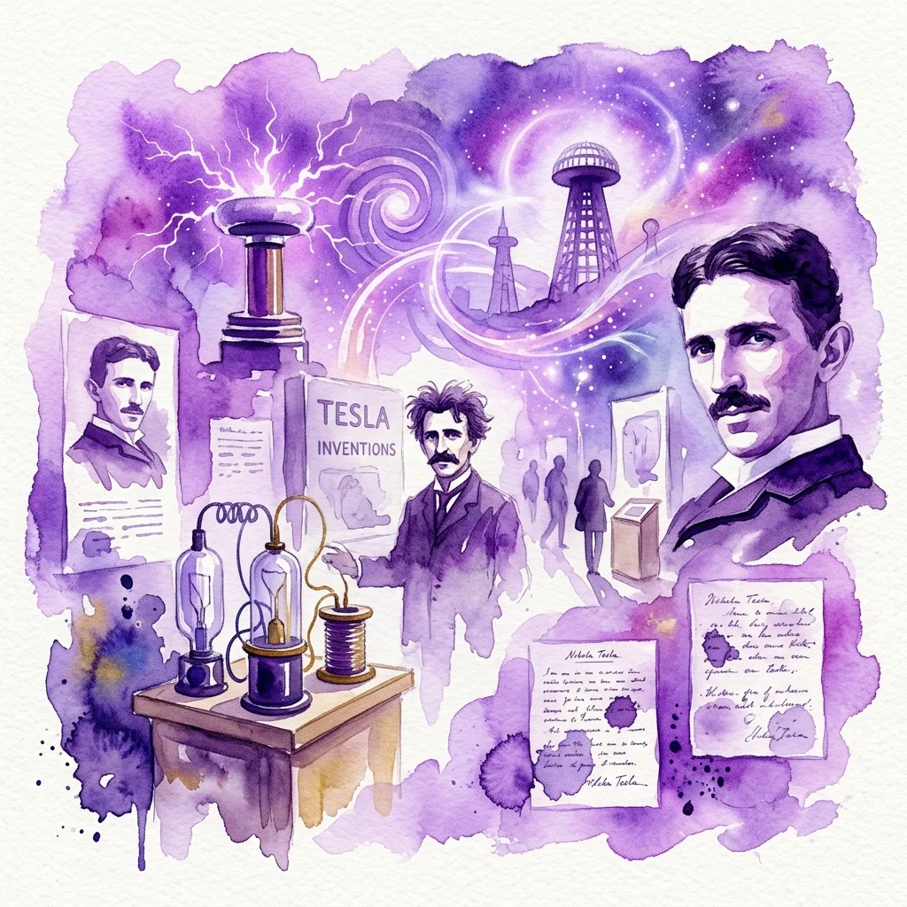 Waterverfillustratie van het leven en de uitvindingen van Nikola Tesla, met portretten, historische documenten, elektrische apparaten en een futuristische toren tegen een paarse kosmische achtergrond.