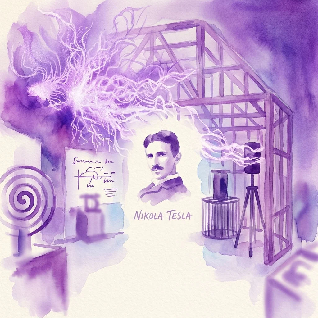 Ilustración en acuarela de la exposición de Nikola Tesla con su retrato, diagramas científicos y sus primeros inventos eléctricos con efectos de relámpagos púrpuras.