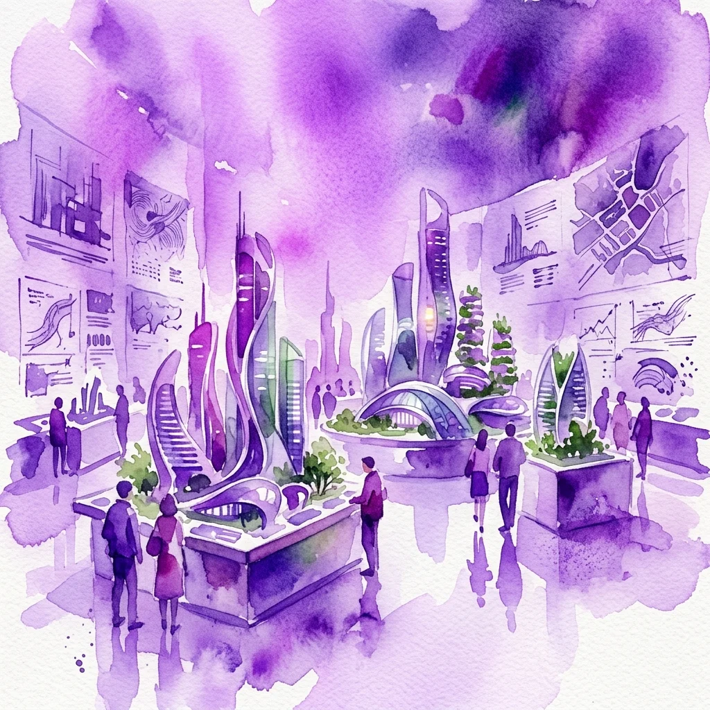 Ilustracja akwarelowa wystawy architektonicznej prezentującej modele futurystycznych budynków i plany, z odwiedzającymi przyglądającymi się ekspozycji wizjonerskich projektów Normana Fostera.