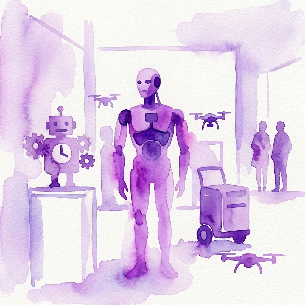Una ilustración en acuarela de varios robots, incluido un robot humanoide, drones y un robot vintage, expuestos en un entorno de museo, reflexionando sobre la relación de la humanidad con la inteligencia artificial.