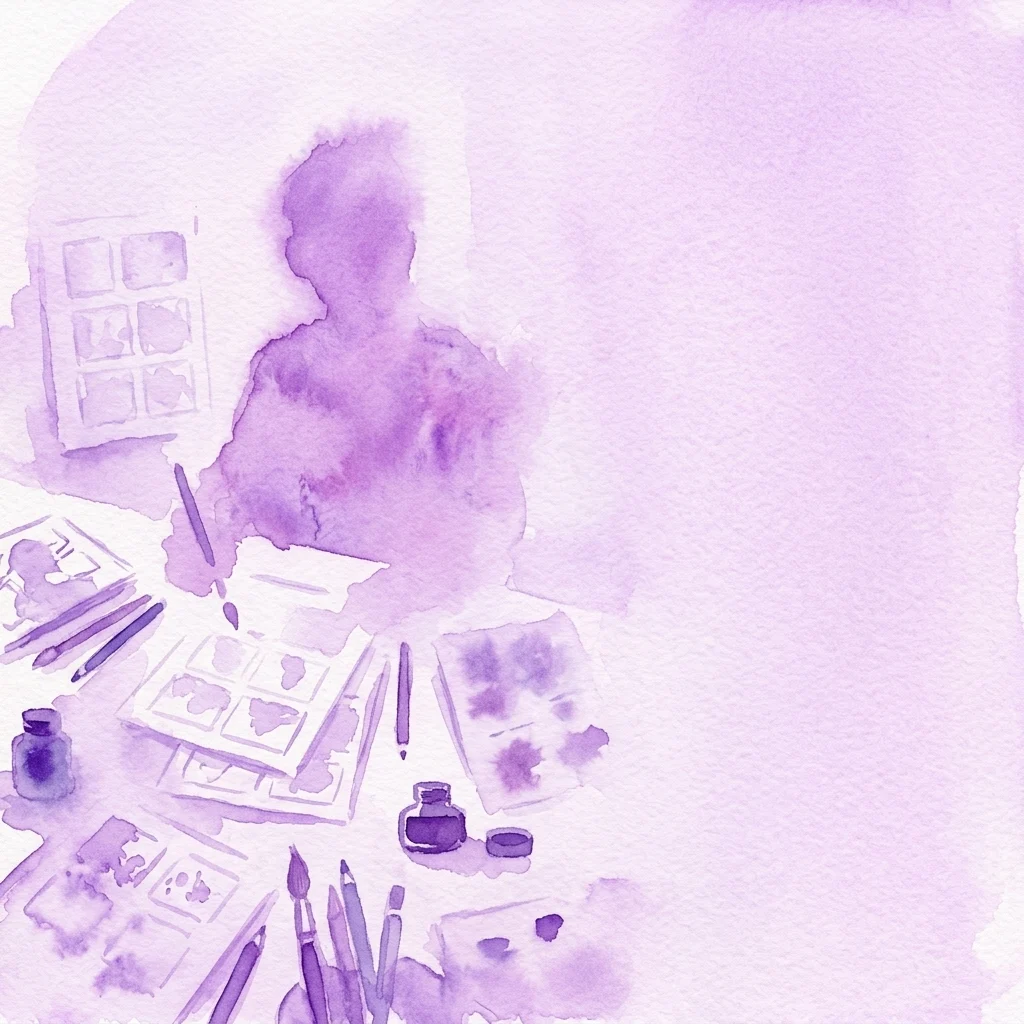 Een paarse aquarelillustratie van de werkruimte van een graphic novel-tekenaar, met schetsen, verfpaletten en kunstbenodigdheden, die het creatieve proces van Paco Roca oproept.