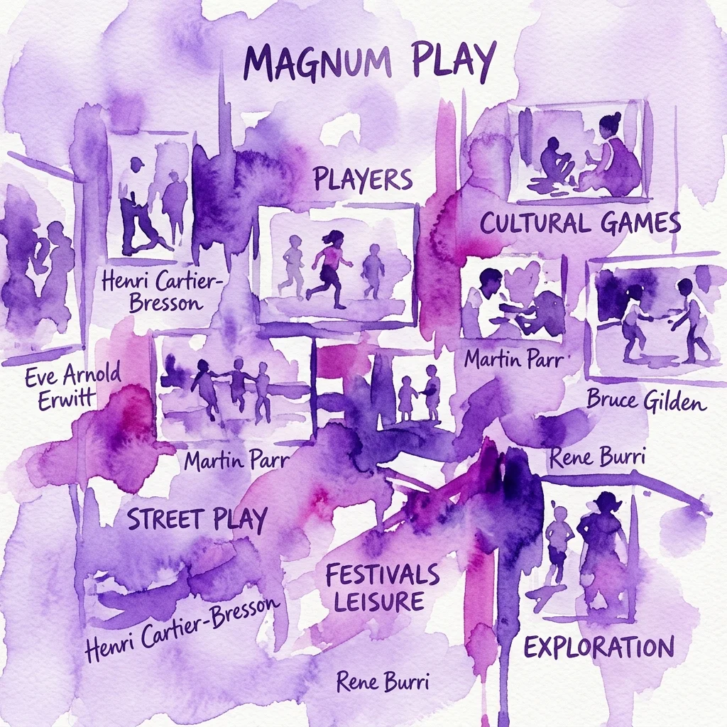 Ilustración en acuarela de la exposición 'Magnum Play', que presenta temas como el juego callejero, los juegos culturales y la exploración, con fotografías de fotógrafos de Magnum, entre ellos Henri Cartier-Bresson, Martin Parr y Bruce Gilden.