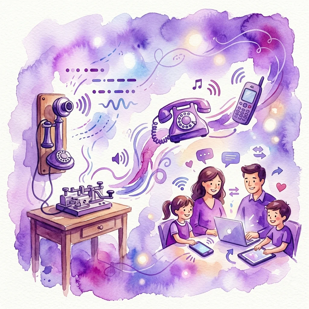 A vibrant watercolor illustration showing the evolution of telecommunications, featuring a family using modern devices like laptops and smartphones alongside vintage telephones and telegraph machines, symbolizing the journey from analog to digital communication.