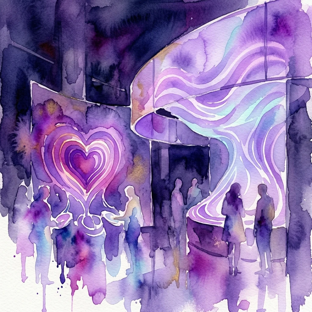 Una ilustración en acuarela de una instalación de arte interactiva con un corazón brillante y ondas púrpuras fluidas, que presenta siluetas de visitantes en un espacio de galería moderno.