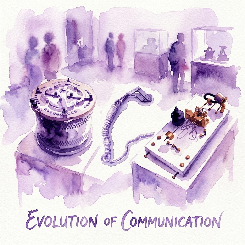 Ilustracja akwarelowa historycznych artefaktów telekomunikacyjnych, w tym centrali obrotowej, zwiniętego kabla i wczesnego urządzenia komunikacyjnego, prezentowana w muzeum z obserwującymi zwiedzającymi.