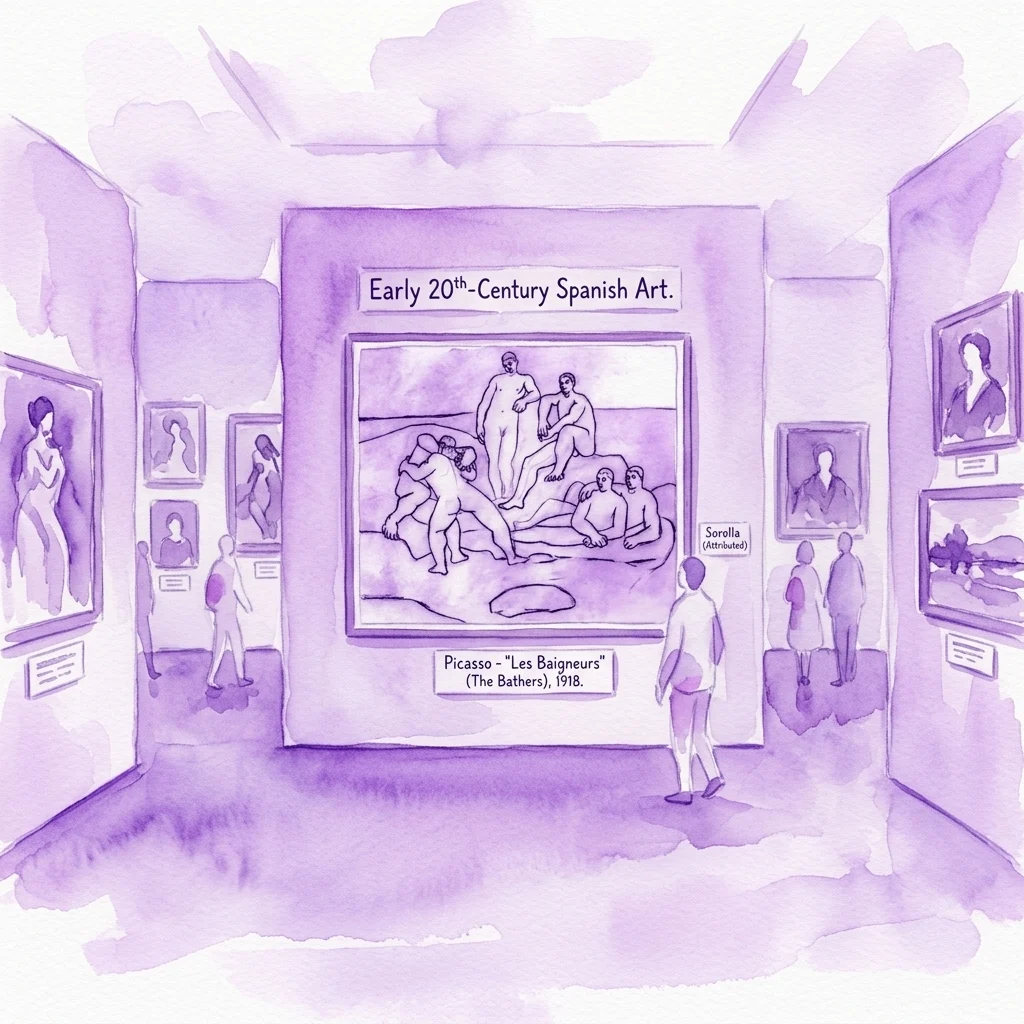 Illustration of an art gallery exhibition featuring early 20th-century Spanish art, with a central display of Picasso's 'Les Baigneurs' (1918) and other figurative works on the walls.