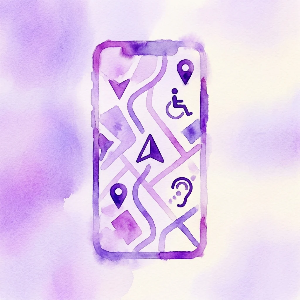 Una ilustración en acuarela de un teléfono inteligente que muestra un mapa con íconos de navegación y símbolos de accesibilidad, representando la navegación digital inclusiva.
