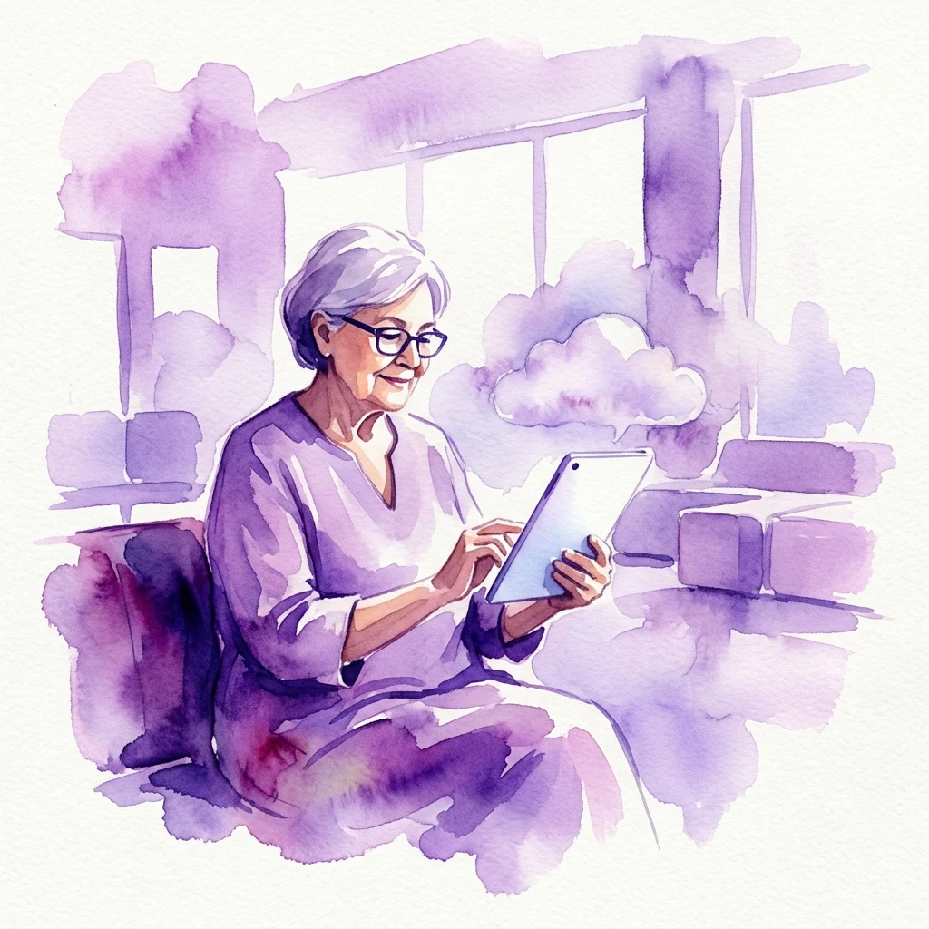 Una mujer mayor con gafas usando una tablet en un taller moderno, con un gráfico de nube al fondo, que ilustra un taller de computación en la nube para personas mayores.