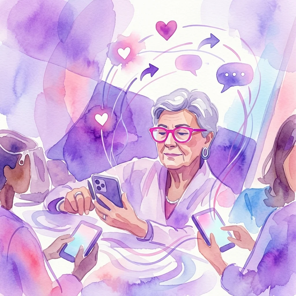 Een aquarelillustratie van diverse mensen die mobiele telefoons gebruiken in een workshopsetting, met harten en spraakballonnen die sociale mediaverbindingen en digitale geletterdheid symboliseren.