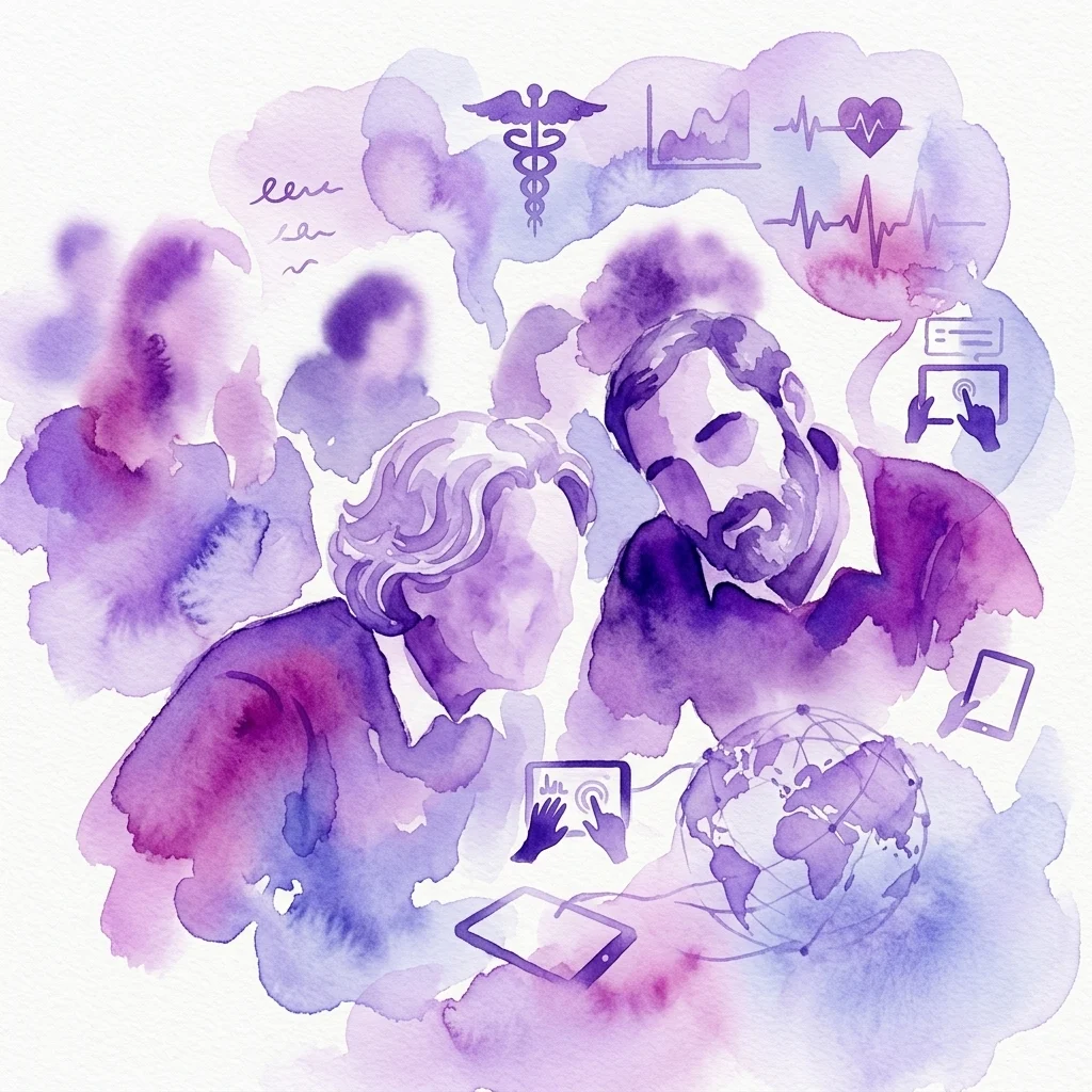 Ilustración en acuarela de un taller de salud digital con personas usando tabletas y teléfonos inteligentes, rodeado de símbolos médicos como un caduceo, un latido del corazón y un globo terráqueo, representando la telemedicina y la salud electrónica.