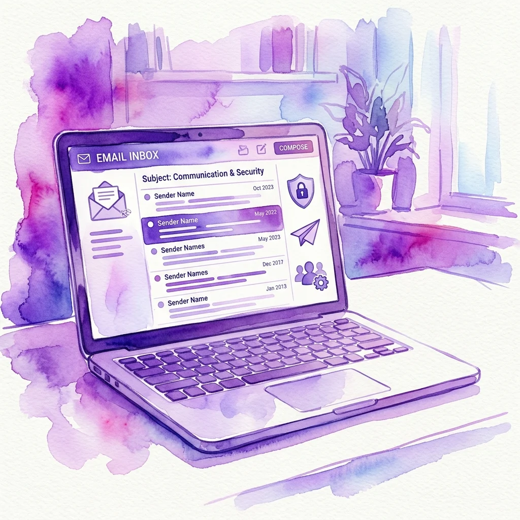 A watercolor illustration of an open laptop displaying an email inbox with communication and security icons, set against a modern background with a plant and window.