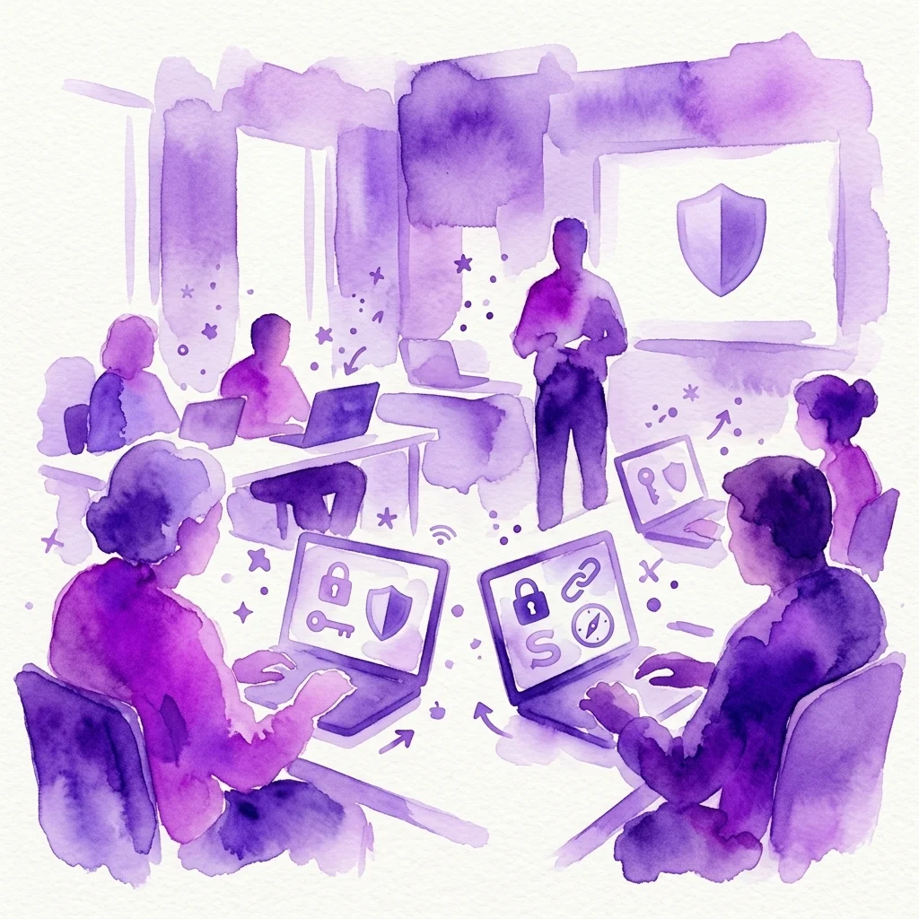 A watercolor illustration of a cybersecurity workshop with participants using laptops, an instructor presenting, and digital security icons like shields and locks on screens.