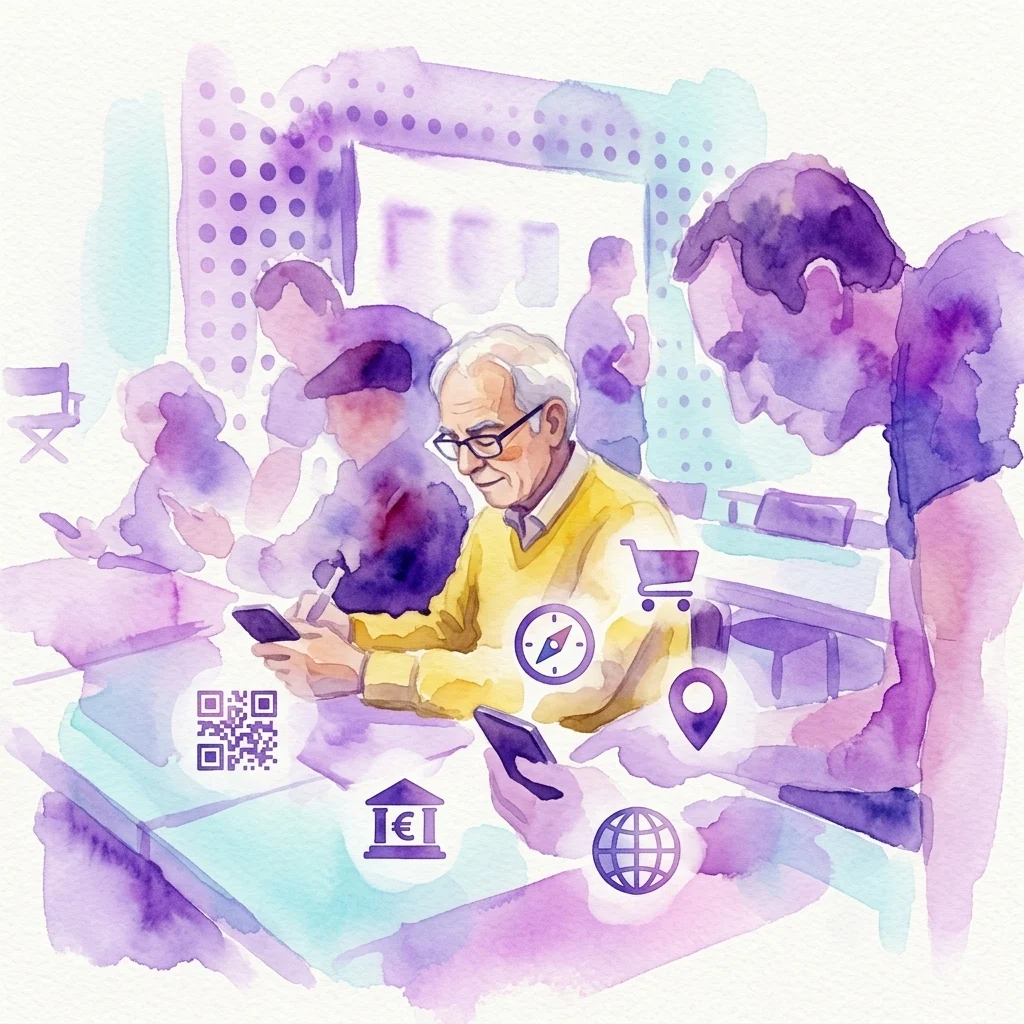 Een oudere man gebruikt een smartphone in een werkplaats, omringd door pictogrammen voor QR-codes, digitaal bankieren, kaarten, winkelen en internetbrowsen, ter illustratie van een technologieles voor senioren.