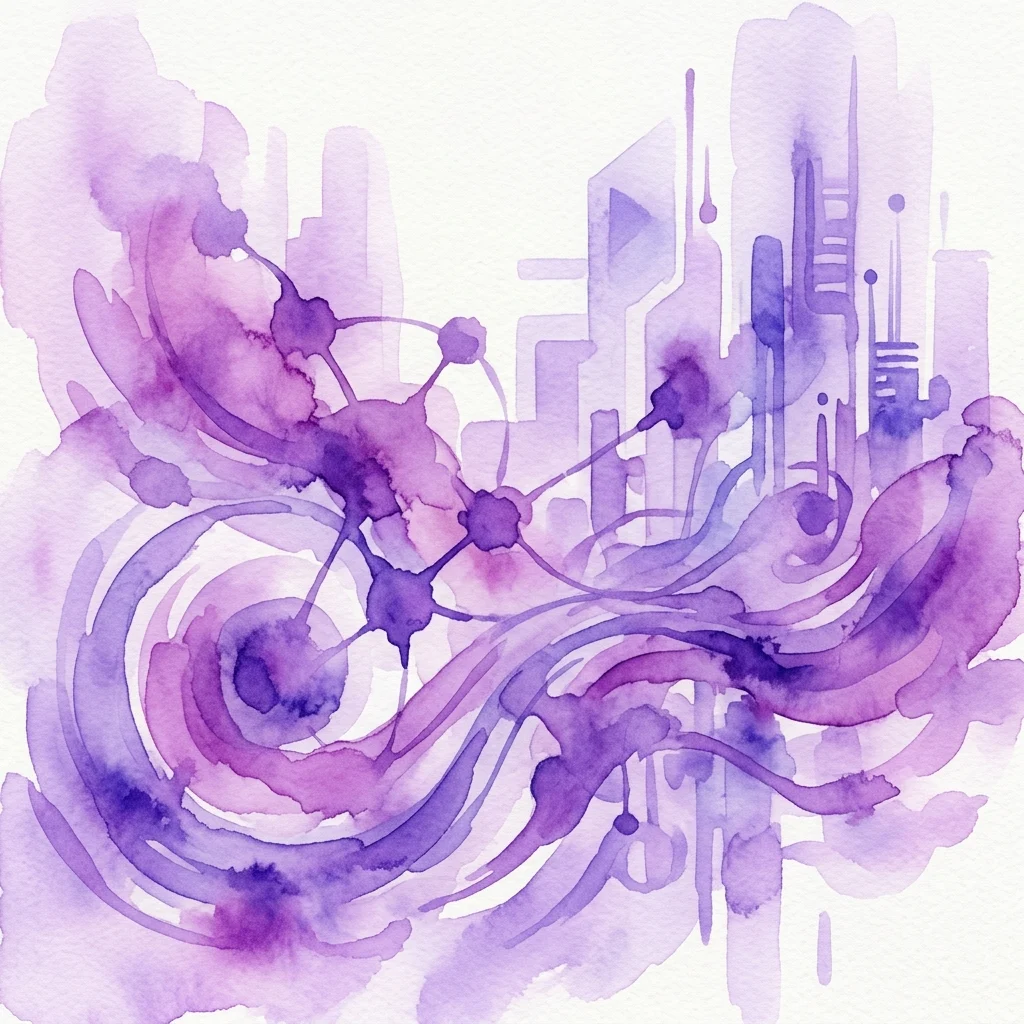 Abstract watercolor artwork in purple and lavender hues depicting swirling particles and interconnected nodes, representing quantum mechanics and futuristic technology.