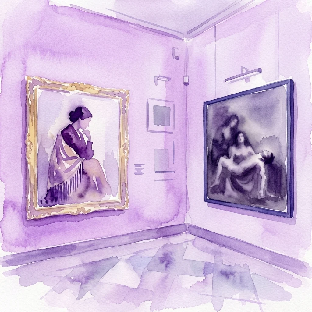 Ilustracja akwarelowa galerii sztuki z dwoma wystawionymi obrazami: kobieta w tradycyjnym hiszpańskim stroju w złotej ramie oraz ciemne, ekspresyjne dzieło w czarnej ramie, na tle purpurowych ścian.