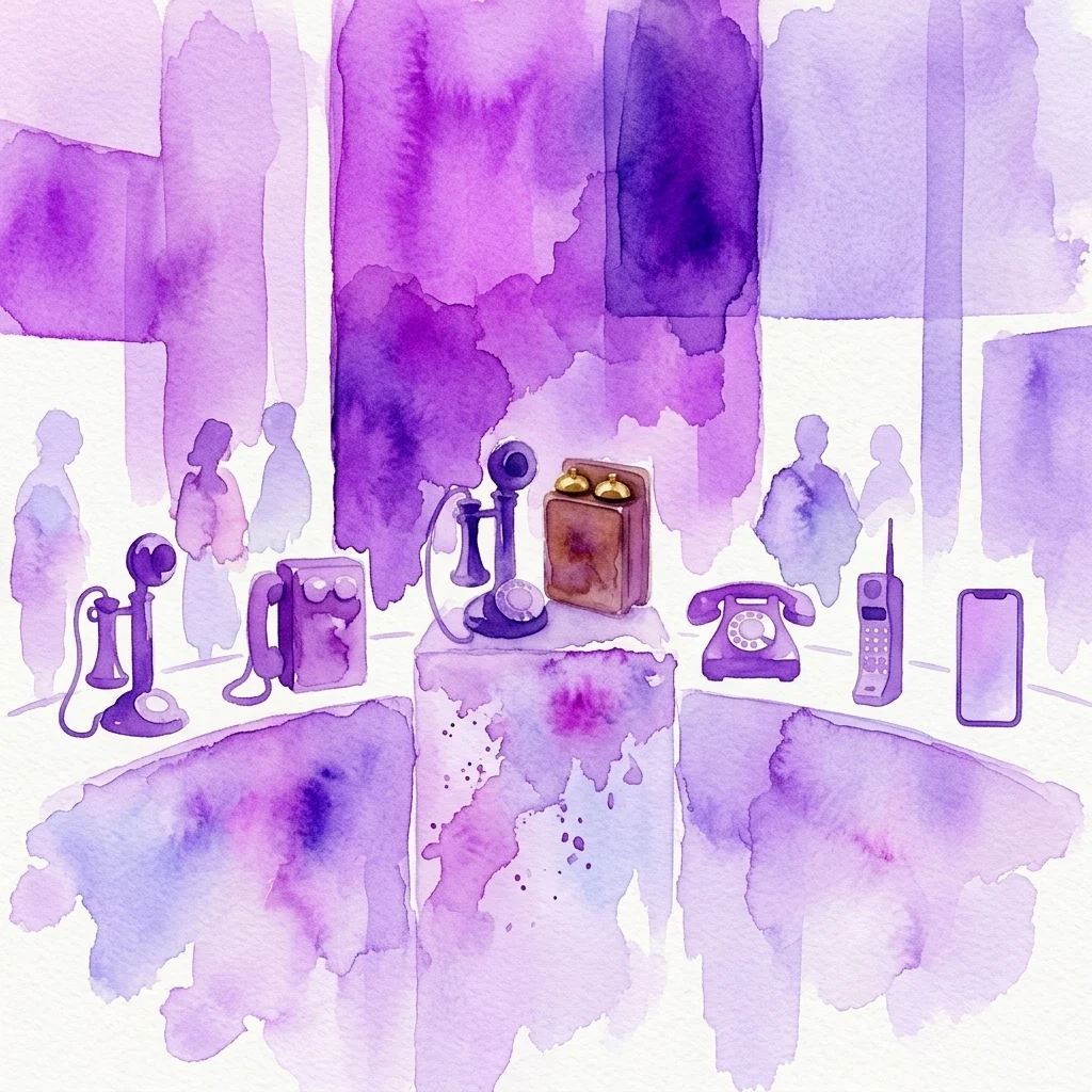 Ilustracja akwarelowa historycznych telefonów i urządzeń komunikacyjnych, w tym telefonów z tarczą i wczesnych telefonów komórkowych, prezentowana na wystawie muzealnej w odcieniach fioletu.