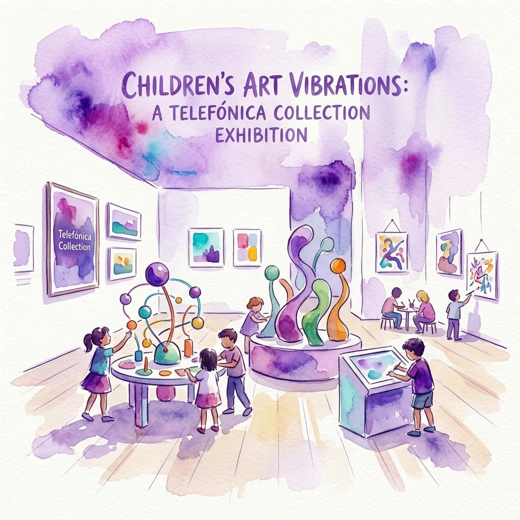 Niños interactuando con instalaciones de arte y pinturas en una galería, parte de la exposición 'Children's Art Vibrations: A Telefónica Collection Exhibition' que presenta obras de la Colección Telefónica.