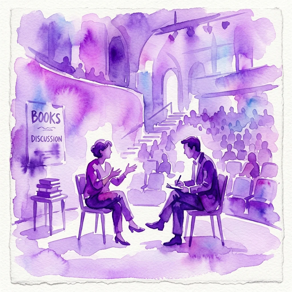 Una ilustración en acuarela de un evento de discusión de libros con la autora Camilla Läckberg y la periodista Susana Santaolalla en un auditorio moderno, con un cartel que dice 'DISCUSIÓN DE LIBROS' y una audiencia observando.