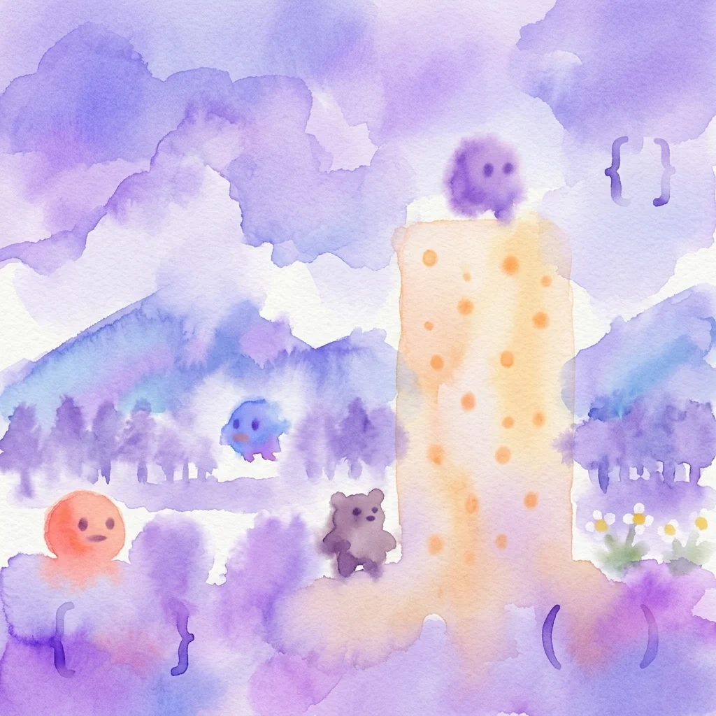 Een aquarelillustratie van een grillige spelwereld met kleurrijke personages, een kaasachtige toren en codeersymbolen, die een creatieve codeerworkshop voor kinderen voorstelt.