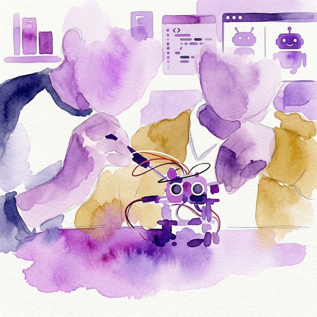 Een aquarelillustratie van kinderen die met robots werken en coderen, met een kleine robot met draden en circuits in een levendige paarse en gele educatieve omgeving.