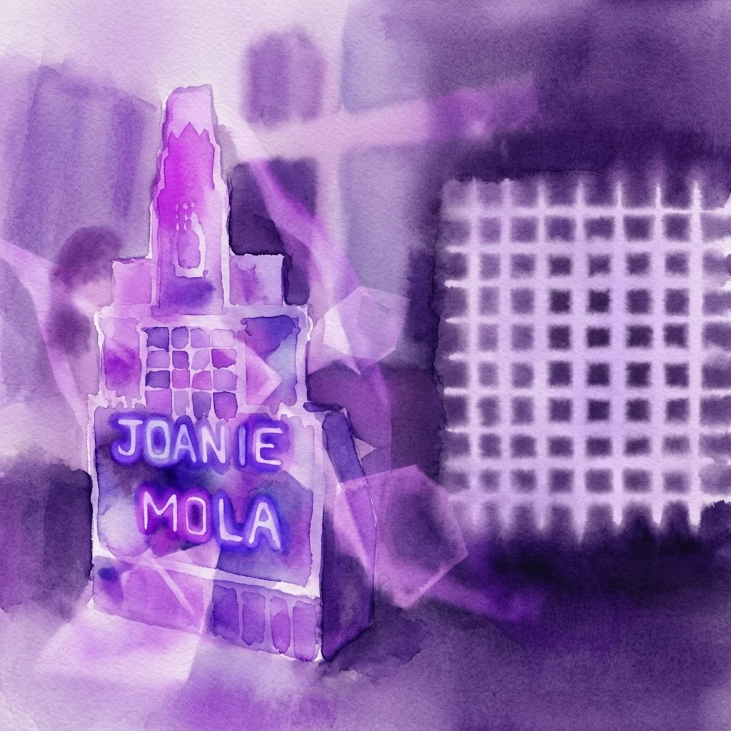 Żywa, fioletowa akwarelowa ilustracja budynku z napisem 'JOANIE MOLA' w świecącym stylu neonowym, przedstawiająca warsztaty sztuki cyfrowej na temat videomapingu.