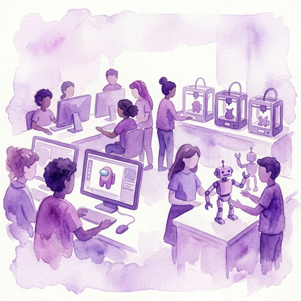 Diverse group of young people participating in a technology workshop, using computers, 3D printers, and robots in a modern learning space.