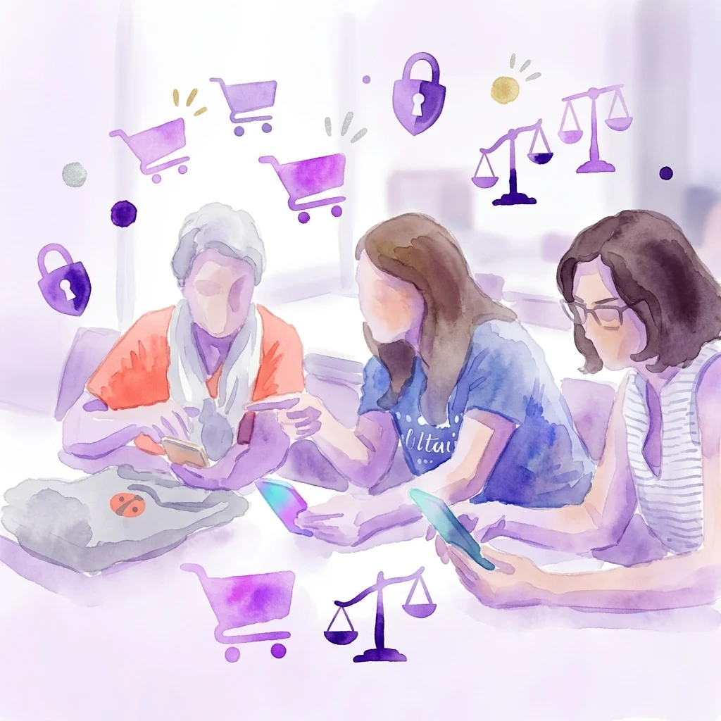 Een aquarelillustratie van drie mensen die leren om smartphones te gebruiken voor online winkelen, omringd door pictogrammen van winkelwagentjes, sloten en weegschalen die veiligheid en eerlijke handelspraktijken voorstellen.