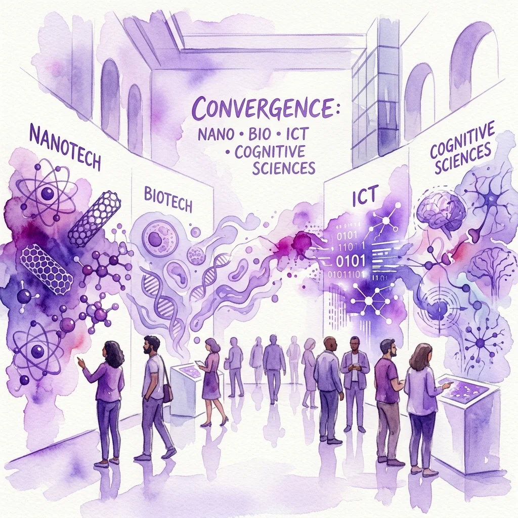 Ilustracja wystawy TecnoRevolucja, prezentującej zbieżność nanotechnologii, biotechnologii, ICT i kognitywistyki, z odwiedzającymi wchodzącymi w interakcję z eksponatami w nowoczesnej przestrzeni galeryjnej.