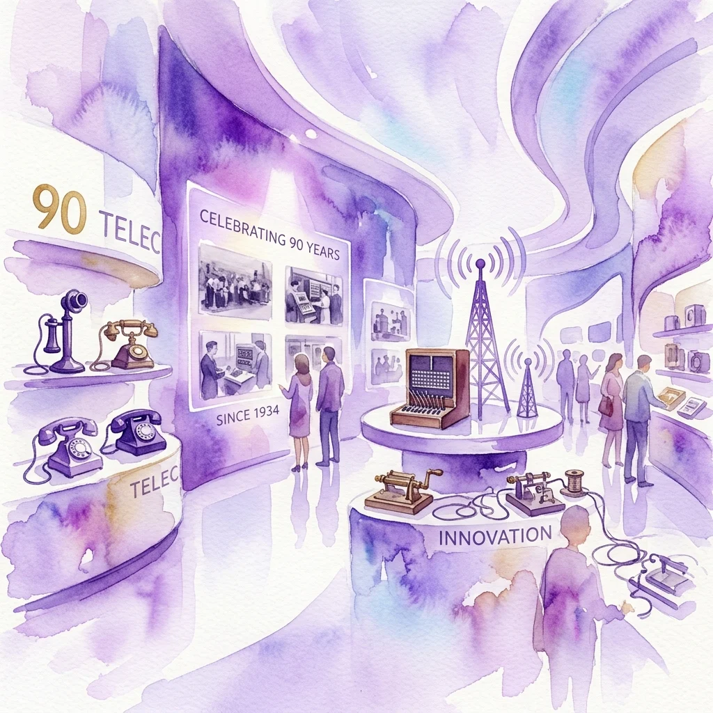 Ilustración en acuarela de una exposición de museo que celebra 90 años de Telefónica, con teléfonos vintage, fotos de archivo y tecnología de comunicación temprana en un espacio de galería moderno.